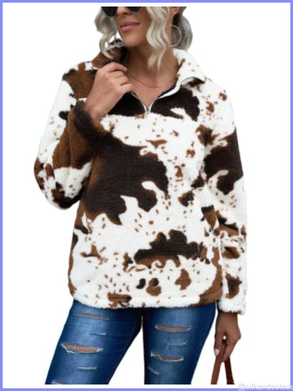 Womens Cow Print Sherpa Fleece Pullover Quarter Zip Jacket Faux Fur Coat